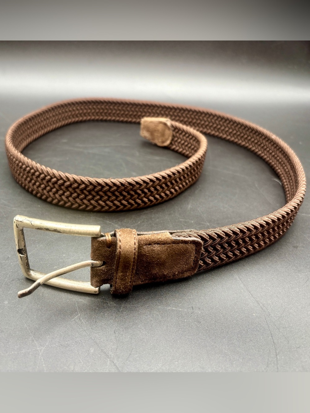 Hermès Vintage Woven Braided Elastic Belt Brown Leather Suede Italian 43”
